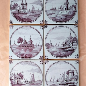 6 Vintage Delft Tiles - Dutch Pottery - Holland Ceramic Tiles Ships & Castles  Landscapes - Old Dutch Wall Tiles hand painted Delftware