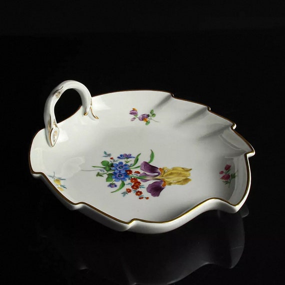 Meissen Porcelain Leaf Bowl- Hand Painted Floral Design- Vintage