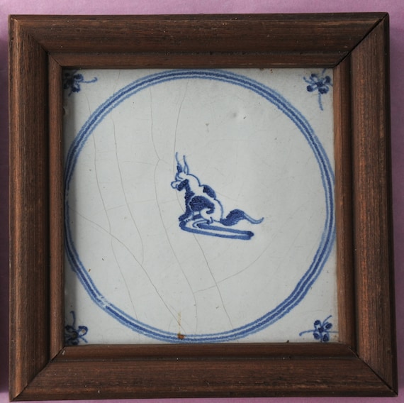 デルフト タイル 額装品 18世紀 オランダ アンティーク 18 世紀デルフト タイル - フレーム付き青と白のタイル