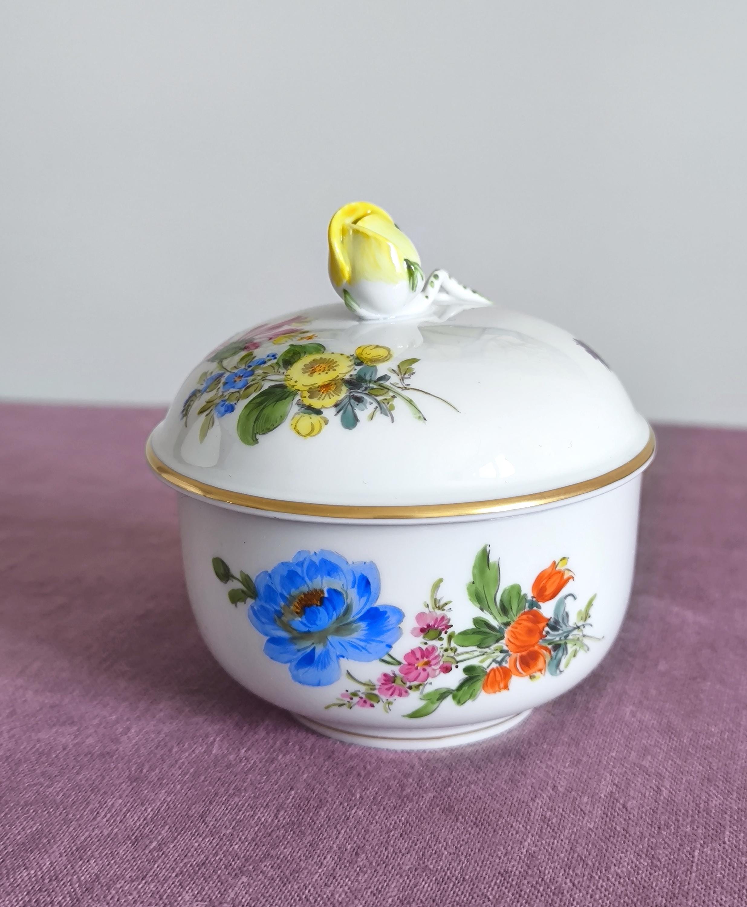Meissen Porcelain Sugar Bowl Covered With Rose Finial: Hand