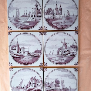 6 Vintage Delft Tiles - Dutch Pottery - Holland Ceramic Tiles Ships & Castles  Landscapes - Old Dutch Wall Tiles hand painted Delftware