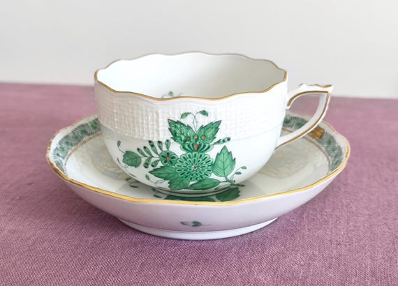 Herend Coffee Cup With Saucer Apponyi Green Hand Painted Porcelain