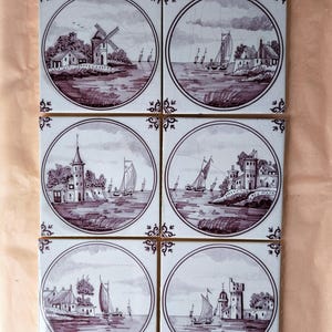 6 Vintage Delft Tiles - Dutch Pottery - Holland Ceramic Tiles Ships & Castles  Landscapes - Old Dutch Wall Tiles hand painted Delftware