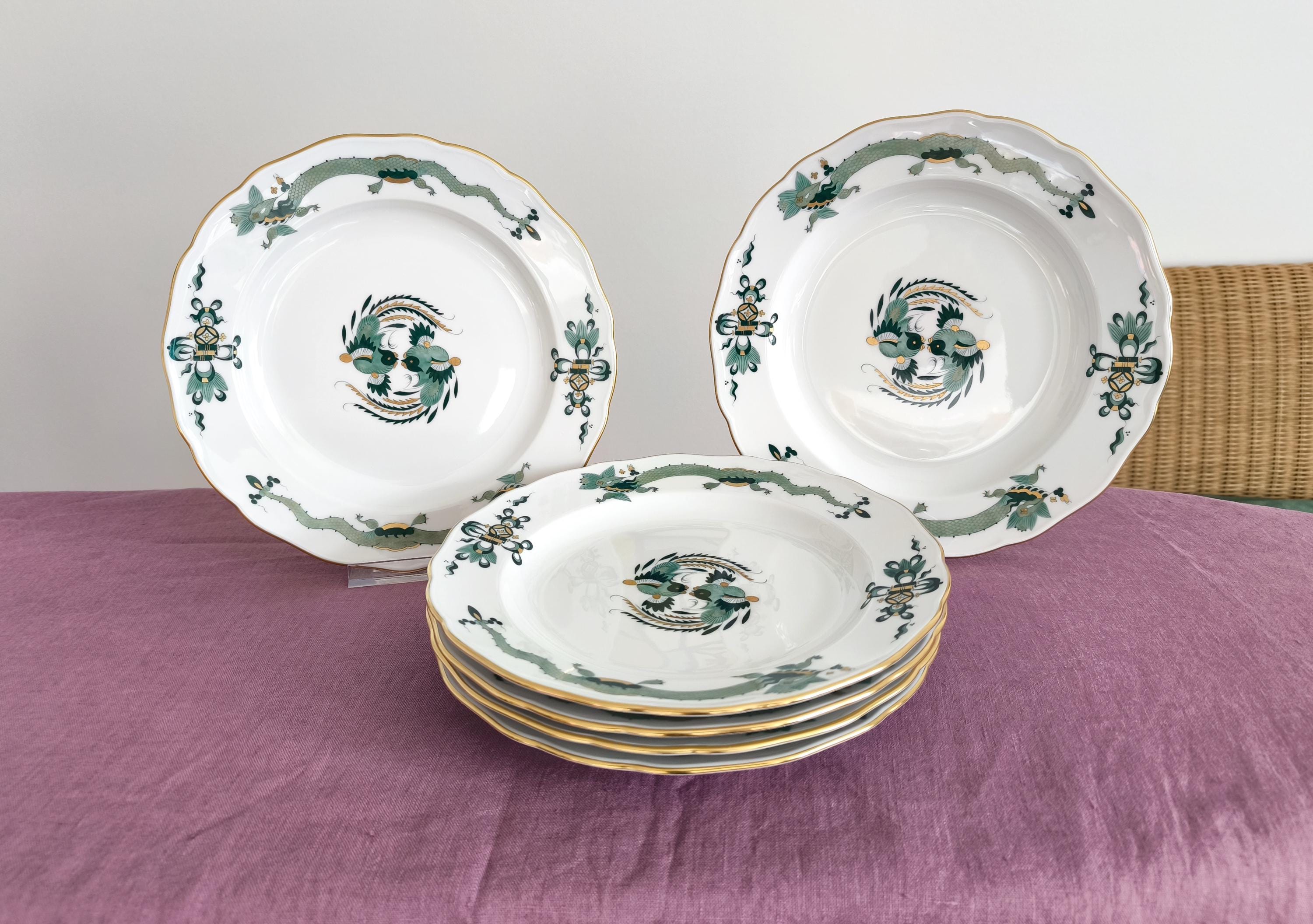 SET 6 Meissen Green Dragon Plates: Dragon & Phoenix Porcelain