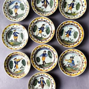 10 Antique Delft Plates De Klaauw 18th Century - Polychrome Hangertjes - Unique Collectible Delftware - Authentic Dutch Pottery Earthenware