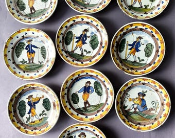 10 Antique Delft Plates De Klaauw 18th Century - Polychrome Hangertjes - Unique Collectible Delftware - Authentic Dutch Pottery Earthenware
