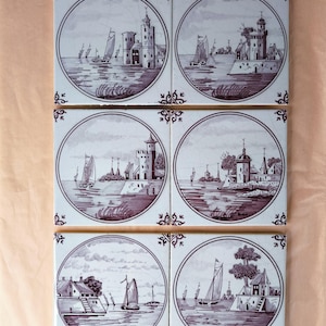 6 Vintage Delft Tiles - Dutch Pottery - Holland Ceramic Tiles Ships & Castles  Landscapes - Old Dutch Wall Tiles hand painted Delftware
