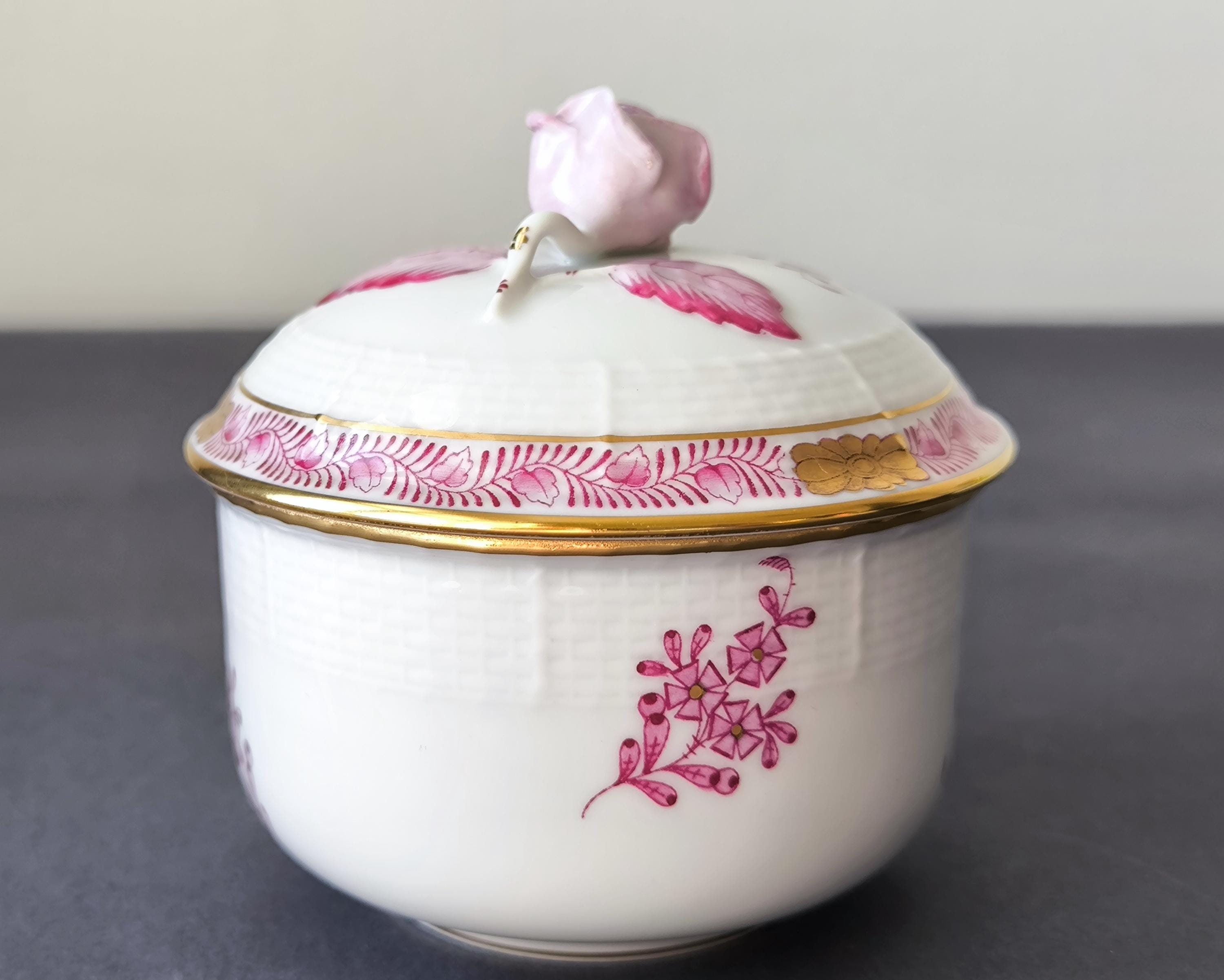 Herend Apponyi Pink Sugar Honey Pot With Rose Finial Lid, Chinese