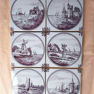 6 Vintage Delft Tiles - Dutch Pottery - Holland Ceramic Tiles Ships & Castles  Landscapes - Old Dutch Wall Tiles hand painted Delftware