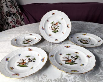 5 pcs Herend Rothschild Bird Handpainted Plates - Herend Hungary Fine China Porcelain Plates, herend porcelain gifts 518 RO, 18.5 cm ( 7.3&quot;)