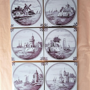 6 Vintage Delft Tiles - Dutch Pottery - Holland Ceramic Tiles Ships & Castles  Landscapes - Old Dutch Wall Tiles hand painted Delftware