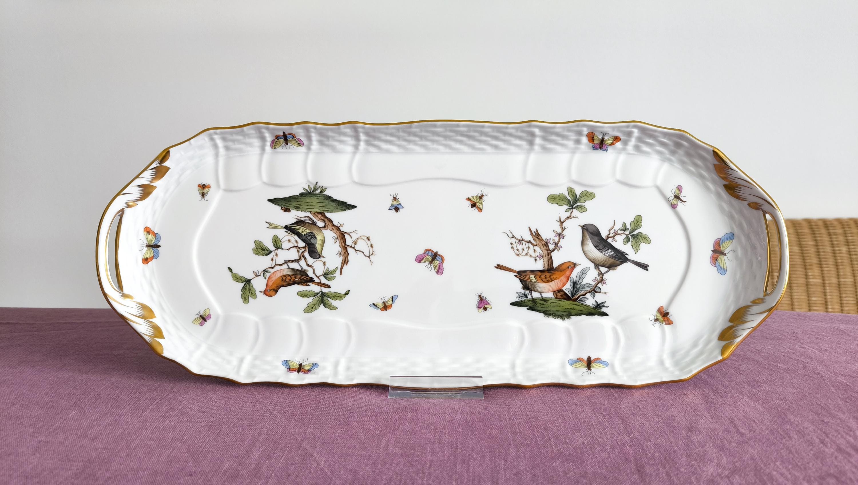Large Herend Porcelain Tray With Handles Rothschild Bird - Herend