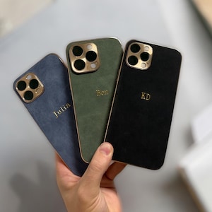 Initialen / Name Wildledertasche für iPhone 16 15 14 13 12 11 Pro Max Geschenk für ihn, gravierte Abdeckung, benutzerdefinierte Telefonhülle Handyhülle
