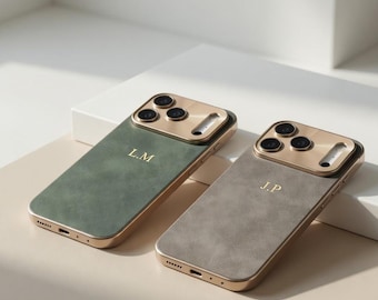 Personalised Monogram Suede Leather iPhone Case for iPhone 17/16/15/14 Pro Max with Initials Engraving – Custom Gift Idea for Her