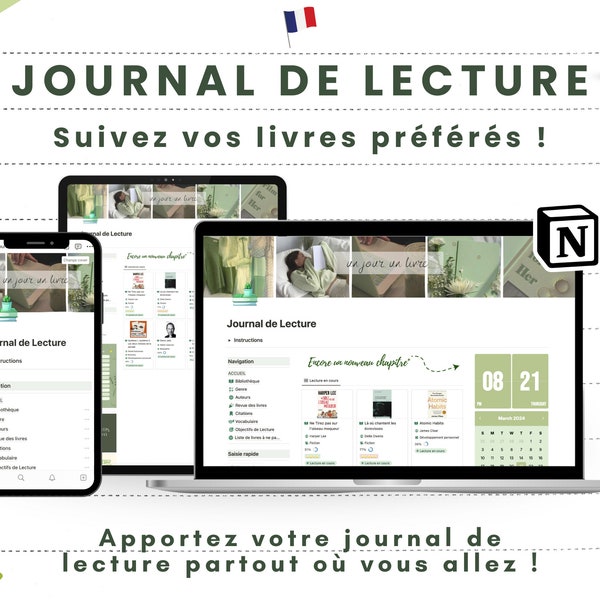 Journal de Lecture  en Français  Bibliothèque personnel Notion Suivi lecture  Reading Tracker Digital Planner Notion  All in one Notebook