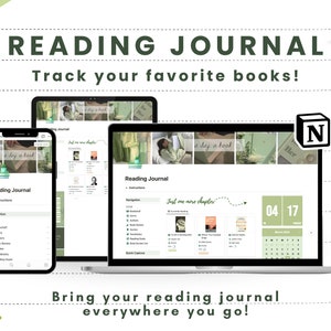 Peut inclure: Une maquette d'une application de journal de lecture sur un téléphone, une tablette et un ordinateur portable. L'application a un schéma de couleurs vert et blanc et comprend un calendrier, des listes de livres et une section "Juste un chapitre de plus". Le texte "Journal de lecture" est affiché à l'écran. Le texte "Suivez vos livres préférés !" est affiché au-dessus des maquettes. Le texte "Apportez votre journal de lecture partout où vous allez !" est affiché en dessous des maquettes.