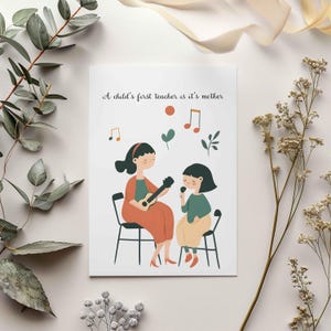 Buono regalo per la festa della mamma con disegno di mamma e bambino a tema musicale, biglietto d'auguri con citazioni didattiche, illustrazione moderna, regalo per mamme musicali