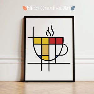 Mondrian-Inspired Coffee Cup Art Print, Minimalist Geometric Coffee Lover Wall Decor, Modern Café Kitchen Art, Gift for Coffee Addicts