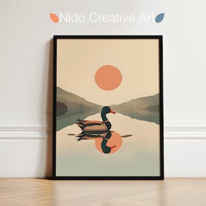 Arte da parete stampabile con riflesso d'anatra, scena del tramonto sul lago in stile WPA, foresta simmetrica delle colline al tramonto, regalo di natura artistica per la decorazione del soggiorno