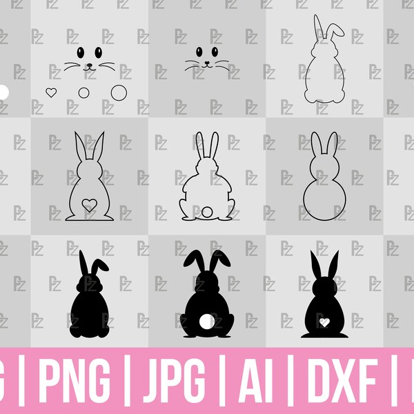 Bundle SVG Lapin de Pâques, lapin DXF, lapin forme AI, png, jpg, contour lapin svg, silhouette de lapin, téléchargement numérique