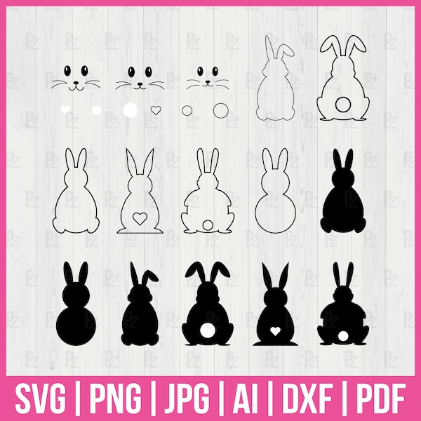 Paquete SVG de conejito de Pascua, conejito DXF, forma de conejito AI, png, jpg, contorno de conejito svg, silueta de conejito, descarga digital