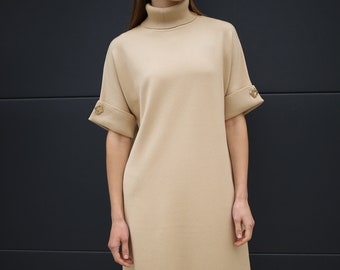 Straight silhouette beige knitted dress with 1/2 sleeves made of Italian fabric