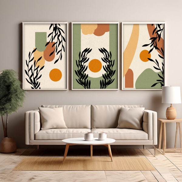 Set of 3 Prints Boho Wall Art, Digital Download Abstract Wall Decor Beige, Green, Prints for Living Room, Bedroom, Kitchen Housewarming Gift