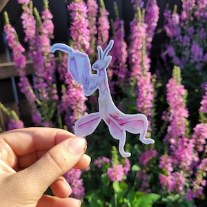 Op de afbeelding: Een wit en roze papieren uitsnijding van een bidsprinkhaan met een delicaat, gedetailleerd ontwerp. De uitsnijding wordt voor een achtergrond van paarse bloemen gehouden.