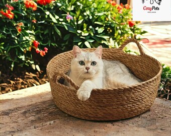 Cama para gatos tejida a mano, muebles para gatos hechos a mano, casa de cesta única para gatos y perros, cama redonda rascadora para gatos