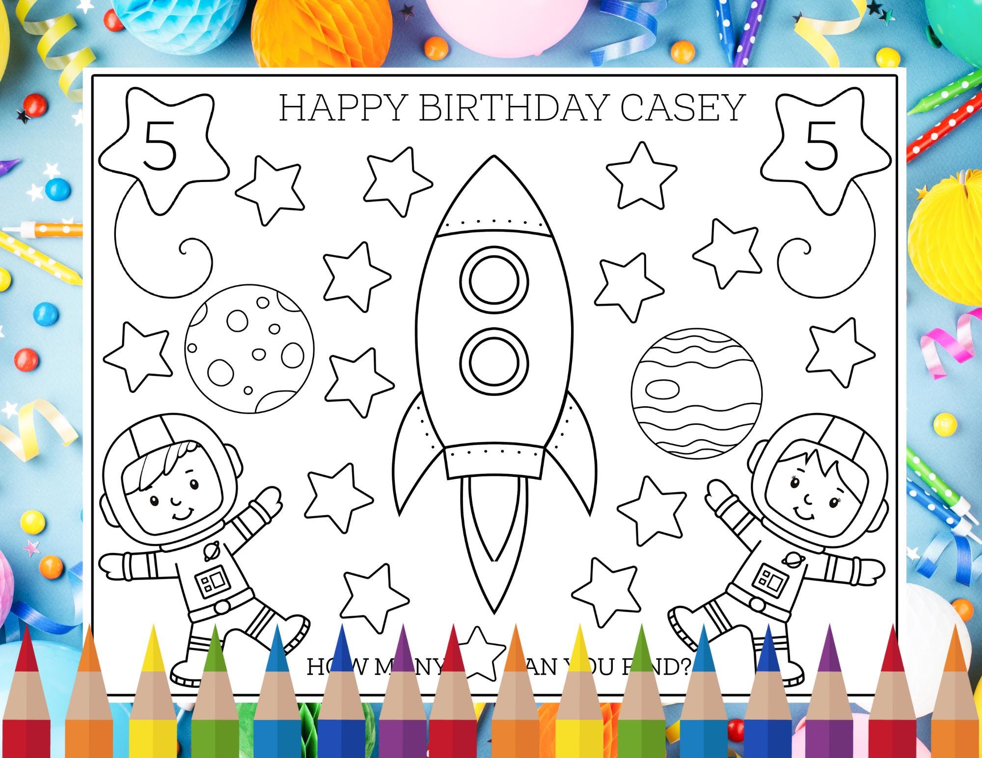 Personalized Outer Space Birthday Coloring Placemat Page, Kid's Fun ...