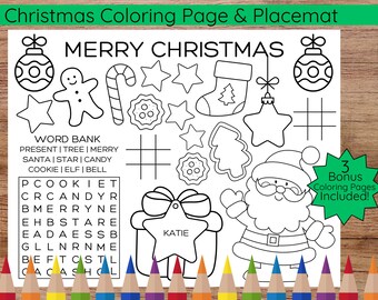 May include: A black and white printable coloring page and placemat featuring a Christmas theme. The page includes a word search puzzle, a tic-tac-toe game, and illustrations of a gingerbread man, candy cane, stocking, star, Christmas tree, ornament, and Santa Claus. The text "Merry Christmas" is at the top of the page. The text "3 Bonus Coloring Pages Included!" is in a green star shape at the bottom right corner of the page.