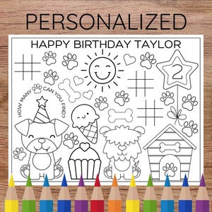Personalized Dog-Themed Coloring Placemat – Puppy Birthday Party Activity – Custom Name Printable Favor