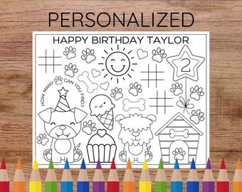 Personalized Puppy Birthday Coloring Placemat Page | Kids Birthday Party Activity PDF