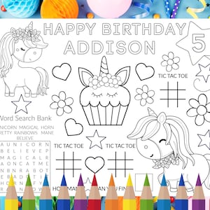 Personalized Unicorn Coloring Placemat – Custom Name Printable Party Favor & Activity