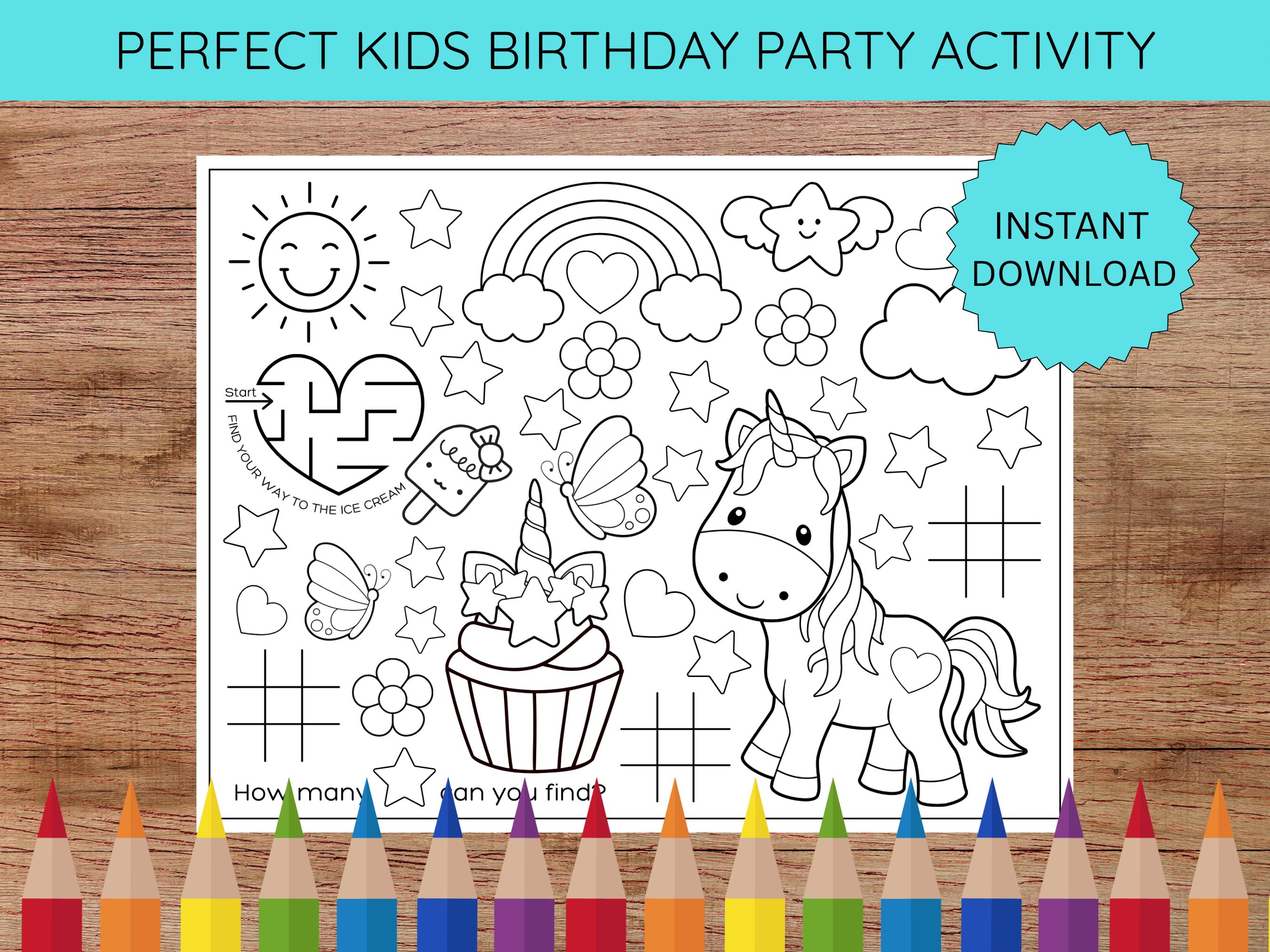Unicorn Birthday Coloring Placemat – Kids Activity Sheet – Happy ...