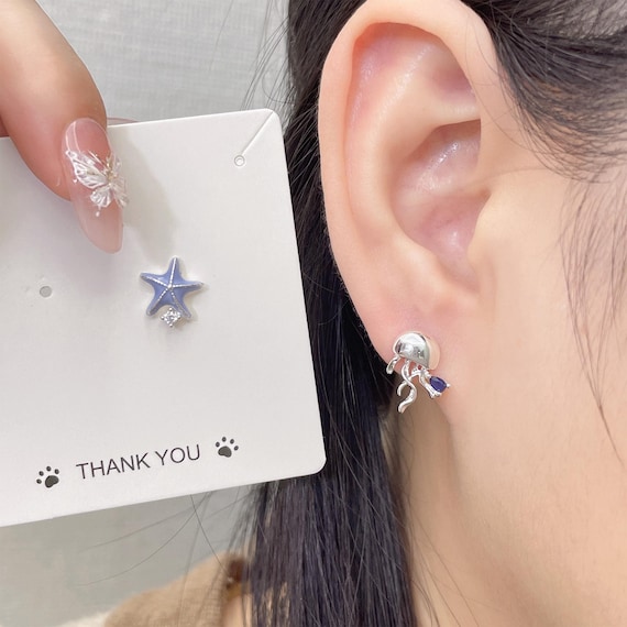 Ocean Theme Asymmetric Earrings, Tiny Sparkly Starfish & Jellyfish Dangle Studs, Silver Cute Sea Animal Earrings, Blue Gradient Jewelry