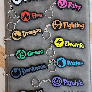 May include: A set of 11 colorful keychains featuring Pokemon type symbols and names, including Colorless, Fire, Dragon, Grass, Darkness, Metal, Fairy, Fighting, Electric, Water, and Psychic. The keychains are arranged in a row on a gray surface. The text "TCGUARD - guard your trading cards -" is visible at the bottom of the image.