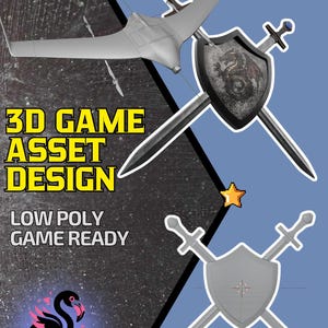 May include: A digital design featuring a gray drone, crossed swords, and a shield with a dragon emblem. Text reads "3D GAME ASSET DESIGN" and "LOW POLY GAME READY". The logo for Aresbi3D is also present.