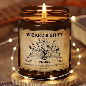 Wizard&#39;s Study Amber Candle | Hand-Poured Soy Wax | Fantasy Decor | Books | Incense | Sage | Vegan Soy Wax 9 oz. & 4 oz.