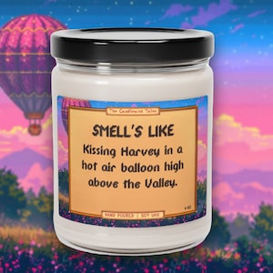 Harvey-Kerze | Küssen im Heißluftballon | Stardew Valley Geschenk | Spiel inspirierte Kerze | Stardew Valley Heart Event | Veganes Sojawachs 9oz