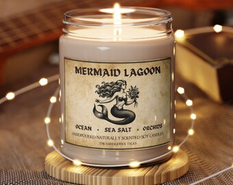 Zeemeermin lagunekaars | Zeebries en bloemen | Handgegoten sojawas | Cadeau voor haar | Fantasie landschap decor | Sojawas 9 oz.