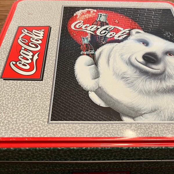 Vintage Tin Coca Cola: Classic Coke design on metal antique decorative bear box for collectors homeowner gift authentic storage box kitchen