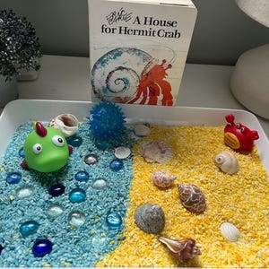 Corbeille sensorielle de plage avec livre | Kit de lecture sensorielle éducative | Ensemble de jeu de simulation avec activité de lecture pour enfant, cadeau d&#39;été, jouet d&#39;été Océan