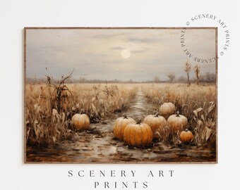 Halloween Fall Wall Art - Printable Pumpkin Patch Landscape - Autumn Field Painting - Farmhouse Fall Decor