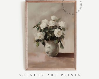 Printable Antique Floral Wall Art - Vintage White Roses - Valentines Print - Moody Painting - Floral Still Life - Digital Download