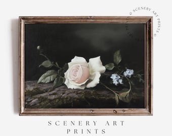 Printable Antique Floral Wall Art - Vintage White Rose - Valentines Print - Moody Painting - Floral Still Life - Digital Download