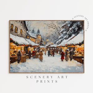 Cozy Vintage Christmas Market Print - Snowy Holiday Decor - Antique White Oil Painting Wall Art - Impressionism - PRINTABLE