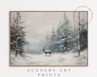 May include: A painting of a snowy forest scene with a deer standing in the middle of the clearing. The trees are covered in snow and the sky is a light blue.
