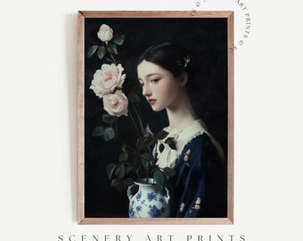 Impresión vintage de mujer con flores - Pintura de rosas rosas antiguas - Decoración rústica de granja - Arte mural - IMPRIMIBLE - Descarga digital