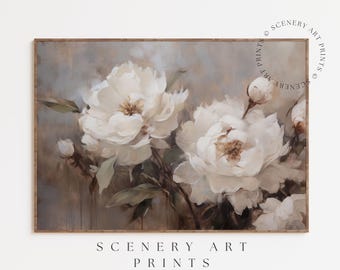 May include: A painting of white peonies with a soft, muted background. The flowers are in focus, with the background blurred. The painting has a romantic and delicate feel.